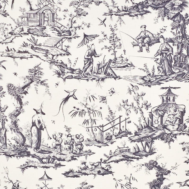 Shengyou Toile Black 175806 by Schumacher Designer Fabric REVISIT OF POPULAR PATTERNS See Sample FRANCE - </p><p>Repeat: Horizontal: 44" (112CM) and Vertical: 47" (119CM) 44" WIDE (112CM) - Swanky Fabrics -