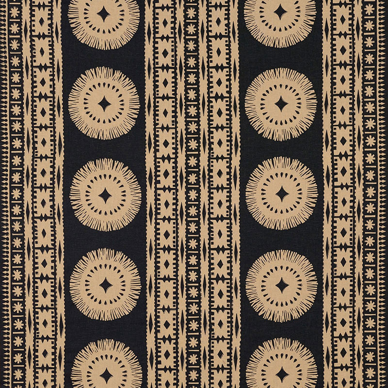 Bora Bora Print Lava Black 175840 by Schumacher Designer Fabric TRIBAL CHIC See Sample INDIA - </p><p>Repeat: Horizontal: 52" (132CM) and Vertical: 24 1/2" (62CM) 52 3/8" WIDE (133 CM) - Swanky Fabrics -