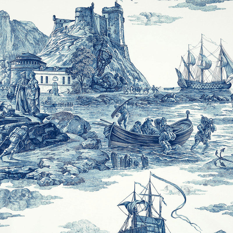 Marine Toile Indigo 176161 by Schumacher Designer Fabric MARINE TOILE See Sample SWITZERLAND MEDIUM DUTY </p><p>Repeat: Horizontal: 38" (97CM) and Vertical: 75" (191CM) 53" (135CM) - Swanky Fabrics -