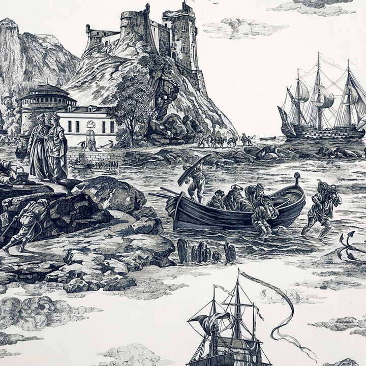 Marine Toile Black 176162 by Schumacher Designer Fabric MARINE TOILE See Sample SWITZERLAND MEDIUM DUTY </p><p>Repeat: Horizontal: 38" (97CM) and Vertical: 75" (191CM) 53" (135CM) - Swanky Fabrics -