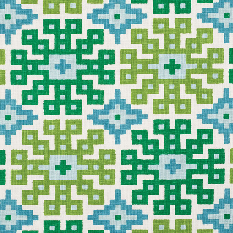 Palmetto Print Lagoon 177450 by Schumacher Designer Fabric HAPPY TOGETHER COTTON 100% ISRAEL WYZENBEEK 15,000 </p><p>Repeat: Horizontal: 26 3/4" (68CM) and Vertical: 25 1/4" (64CM) 54 - Swanky Fabrics -