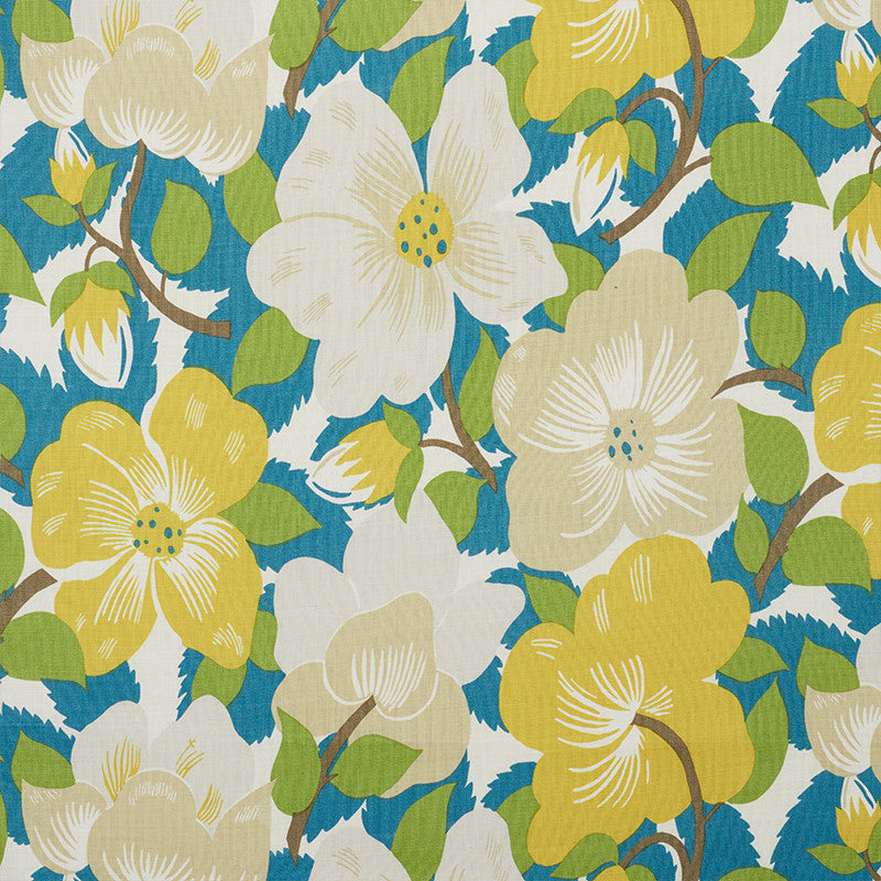 Magnolias Citron & Peacock 177560 by Schumacher Designer Fabric Fashion-Forward 90% Linen, 10% Nylon - Horizontal: 21.75 and Vertical: 27 54.5 - Swanky Fabrics -