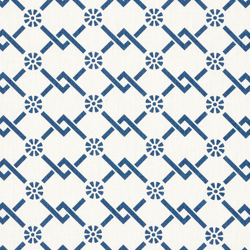 Fretwork Flower Pacific 178310 by Schumacher Fabric Schumacher Fabric Fretwork Flower Pacific 178310Fabric LINEN 100% UNITED STATES OF AMERICA </p><p>Repeat: H: HORZ. 2 3/4" (7CM) , V: VERT. 1 7/8" (5CM) 54 - Fabric Carolina -