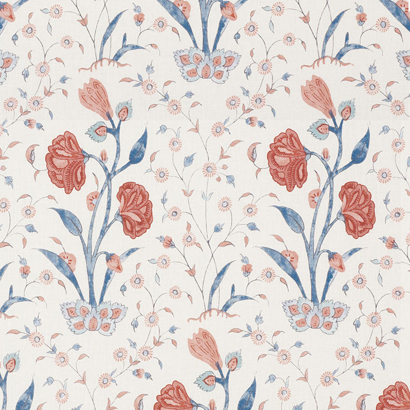 Khilana Floral Delft & Rose 178330 by Schumacher Designer Fabric PALAMPORE See Sample THAILAND - </p><p>Repeat: Horizontal: 6 3/4" (17CM) and Vertical: 30 3/4" (78CM) 54 1/4" (138CM) - Swanky Fabrics -