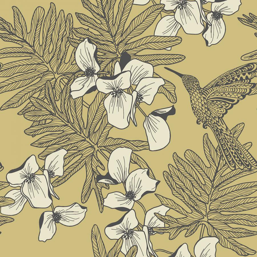 Hummingbird (Wp) # 01 Mustard by 1838 Wallcoverings Designer Wallpaper Aurora STRAIGHT PASTE THE WALL UNITED KINGDOM V-21" 20.5"X11YD - Swanky Fabrics -