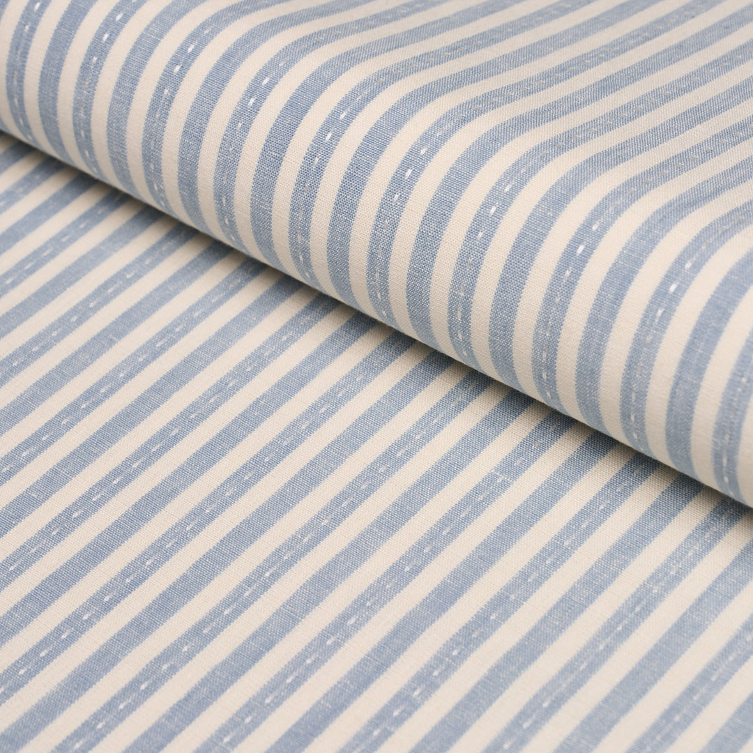 Mathis Ticking Stripe Sky 180590 by Schumacher Designer Fabric