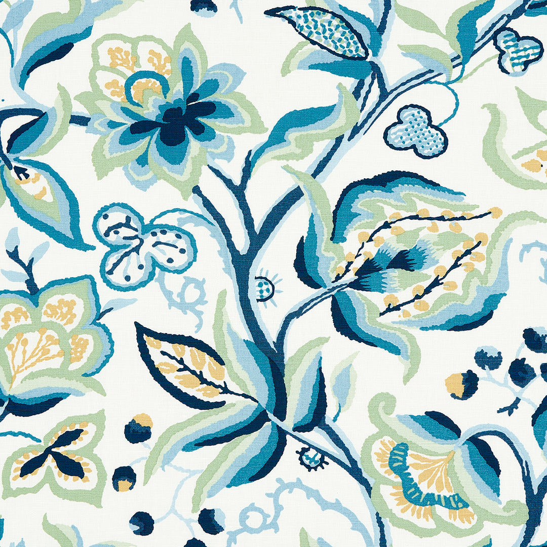 Alexandra Vine Linen Navy & Leaf 180970 by Schumacher Designer Fabric