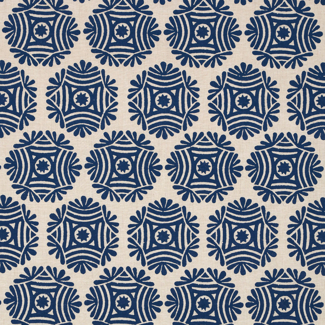 Gilded Star Block Print Navy On Natural 181541 by Schumacher Designer Fabric