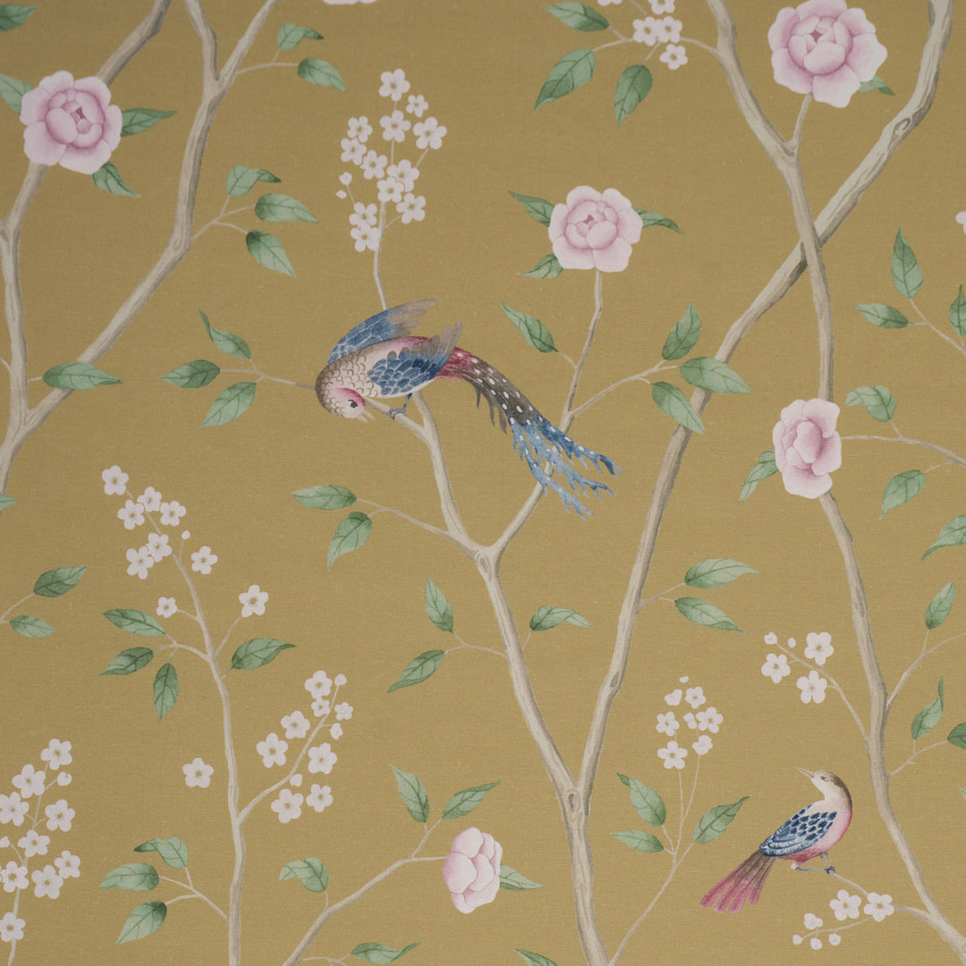 Paradise Birds Gold 183032 by Schumacher Designer Fabric