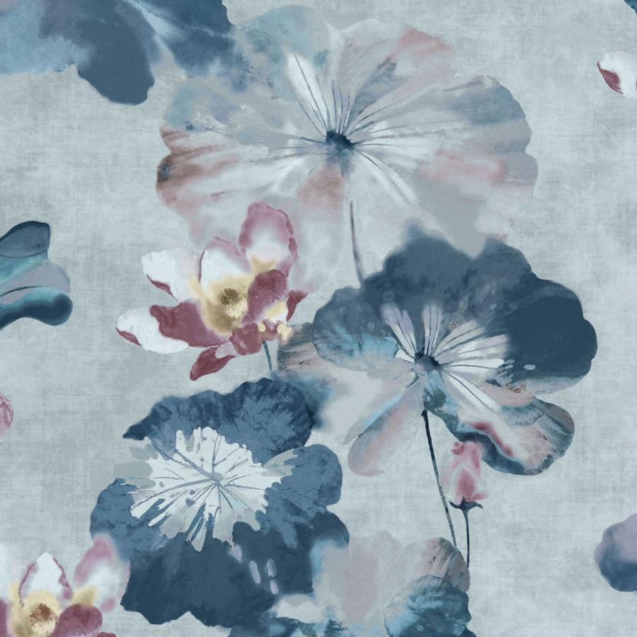 Water Lilies (Wp) # 03 Blue Dusk by 1838 Wallcoverings Designer Wallpaper Willow HALF DROP PASTE THE WALL UNITED KINGDOM V-33" 20.5"X11YD - Swanky Fabrics -