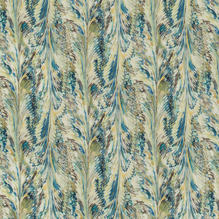 Taplow Print Peacock/Gold by Lee Jofa Designer Fabric MANOR HOUSE LINEN - 100% Austria MEDIUM Horizontal: 14.2 and Vertical: 24.9 56.8 - Swanky Fabrics -