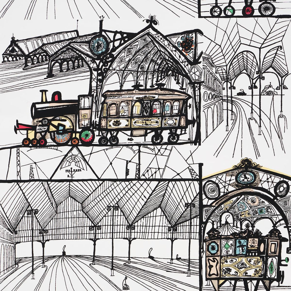 Trains Multi On White 2703940 by Schumacher Designer Wallpaper Exuberant Prints - Swanky Fabrics -