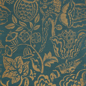 Uccello Sisal Gold On Peacock 5008264 by Schumacher Designer Wallpaper