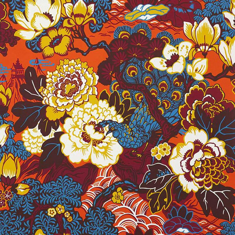 Shanghai Peacock Cinnabar 5006992 by Schumacher Designer Wallpaper Exuberant Prints 27.0" - Swanky Fabrics -