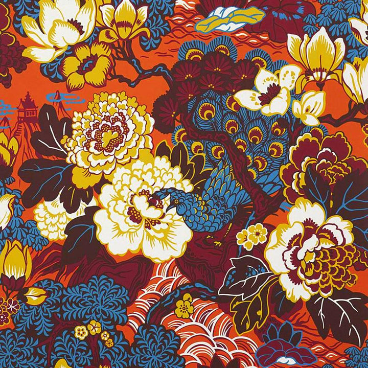 Shanghai Peacock Cinnabar 5006992 by Schumacher Designer Wallpaper Exuberant Prints 27.0" - Swanky Fabrics -