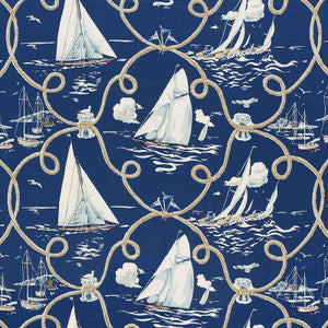 Summer Regatta Linen Print Navy 175190 by Schumacher Designer Fabric