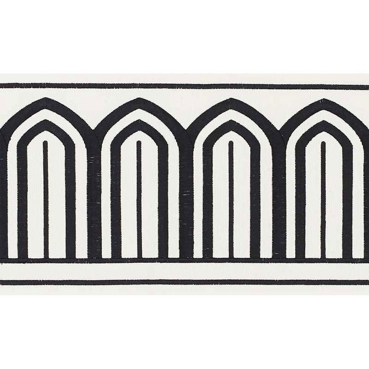 Arches Embroidered Tape Wide Black On White 70770 by Schumacher Designer Trim Miles Redd 5.3" - Swanky Fabrics -