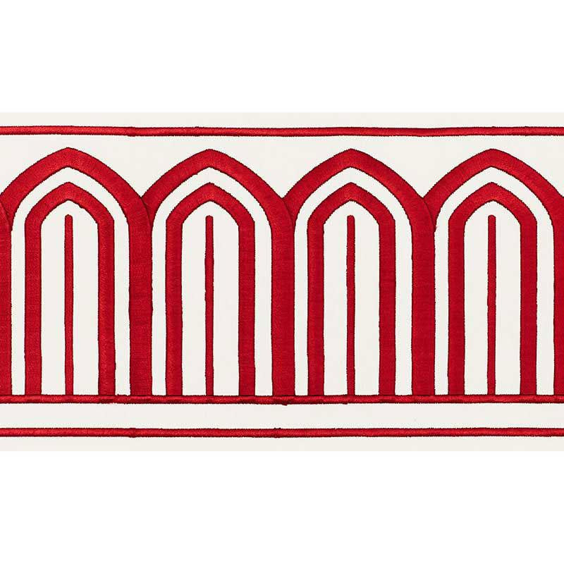 Arches Embroidered Tape Wide Red 70771 by Schumacher Designer Trim Miles Redd 5.3" - Swanky Fabrics -