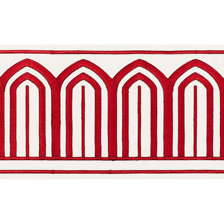 Arches Embroidered Tape Wide Red 70771 by Schumacher Designer Trim Miles Redd 5.3" - Swanky Fabrics -