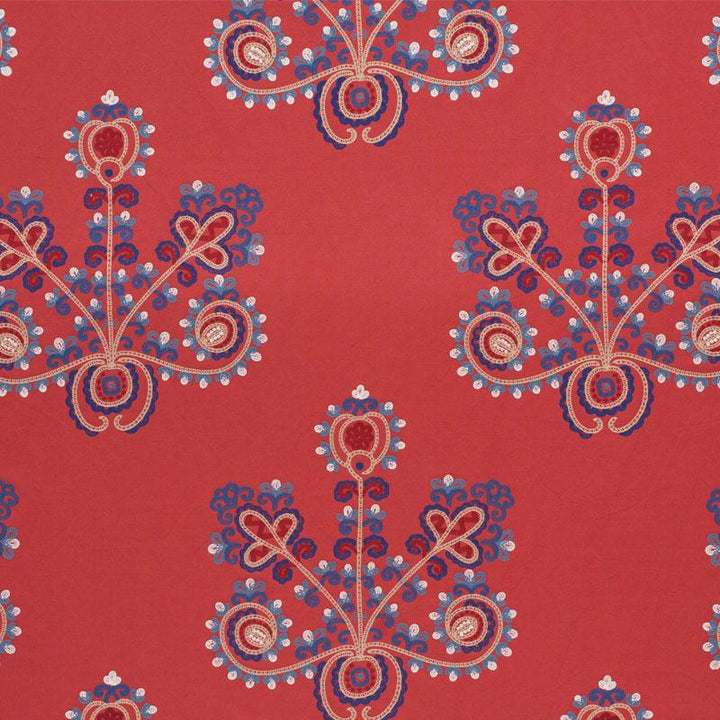 Estrella Embroidery Vermilion 74451 by Schumacher Designer Fabric Primitive Beauty 26.0" - Swanky Fabrics -