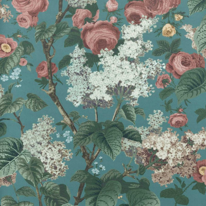 Floribunda (Wp) # 03 Teal by 1838 Wallcoverings Designer Wallpaper V&A Decorative Papers HALF DROP PASTE THE WALL UNITED KINGDOM V-33" 27.5"X11YD - Swanky Fabrics -