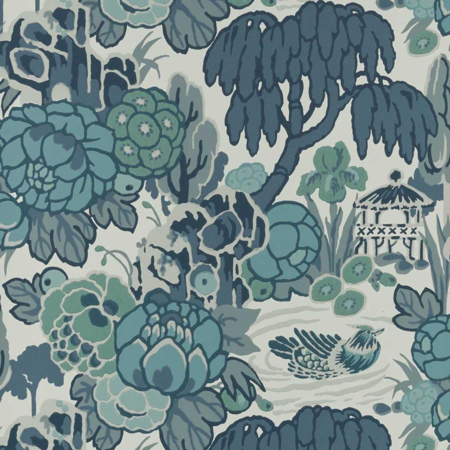 Mandarin Garden (Wp) # 01 Mist by 1838 Wallcoverings Designer Wallpaper V&A Decorative Papers HALF DROP PASTE THE WALL UNITED KINGDOM V-18" 20.5"X11YD - Swanky Fabrics -