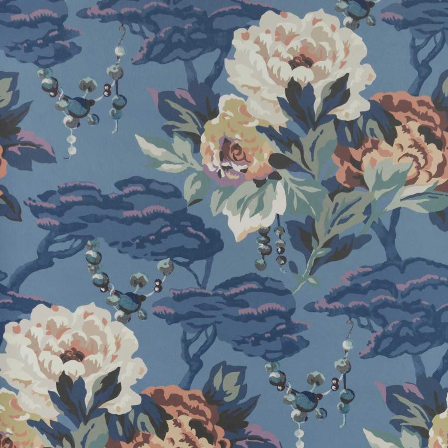 Paeonia (Wp) # 02 Indigo by 1838 Wallcoverings Designer Wallpaper V&A Decorative Papers STRAIGHT PASTE THE WALL UNITED KINGDOM V-26.3" 20.5"X11YD - Swanky Fabrics -