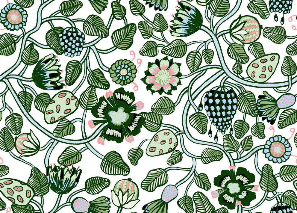 Pieni Tiara Emerald, Jade, and Light Blue 23332X by Marimekko Designer Wallpaper