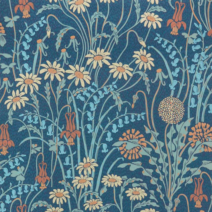 Flower Meadow (Wp) # 01 Prussian Blue by 1838 Wallcoverings Designer Wallpaper V&A Decorative Papers Ii HALF DROP PASTE THE WALL UNITED KINGDOM V-21" 20.5"X11YD - Swanky Fabrics -