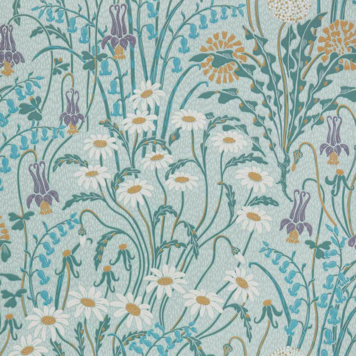 Flower Meadow (Wp) # 03 Celeste by 1838 Wallcoverings Designer Wallpaper V&A Decorative Papers Ii HALF DROP PASTE THE WALL UNITED KINGDOM V-21" 20.5"X11YD - Swanky Fabrics -