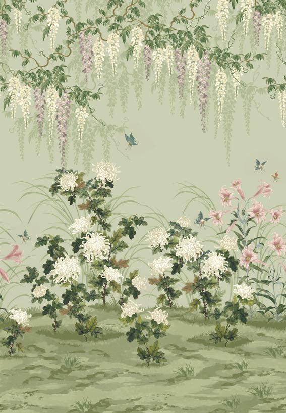 Wisteria Bloom (Wp) # 03 Pistachio by 1838 Wallcoverings Designer Wallpaper V&A Decorative Papers Iii STRAIGHT PASTE THE WALL UNITED KINGDOM V-118" H-82" 20.5"X13.7YD - Swanky Fabrics -