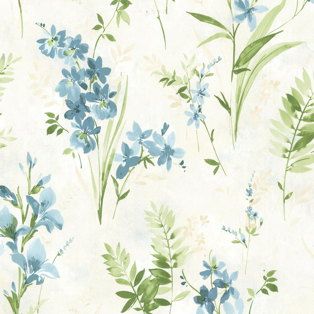 Henrietta Blue Watercolor Floral Wallpaper by Beacon House Designer Rosemore Covers about 56.4 square feet 20.5-in by 33-ft long roll Unpasted 20.9 - Swanky Fabrics -