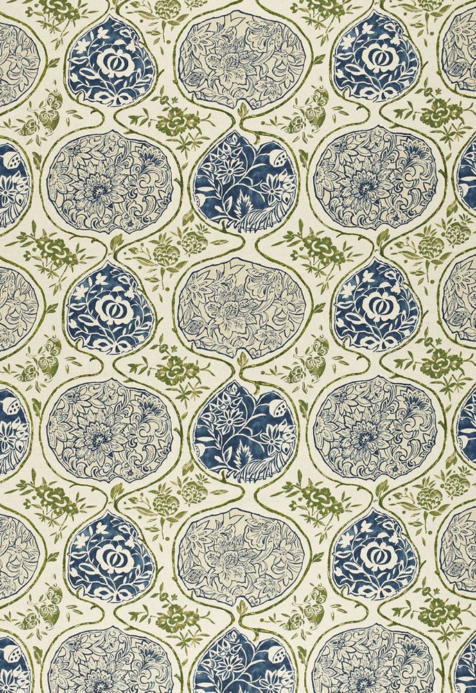 Katsugi Indigo & Green 2620932 by Schumacher Designer Fabric Exuberant-Prints 55% Linen, 45% Cotton - Horizontal: 27 and Vertical: 25 54 - Swanky Fabrics -