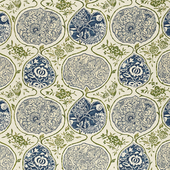 Katsugi Indigo & Green 2620932 by Schumacher Designer Fabric DW-SPRING 2003 COLLECTION LINEN 55% COTTON 45% BELGIUM </p><p>Repeat: Horizontal: 27" (69CM) and Vertical: 25" (64CM) 54 - Swanky Fabrics -