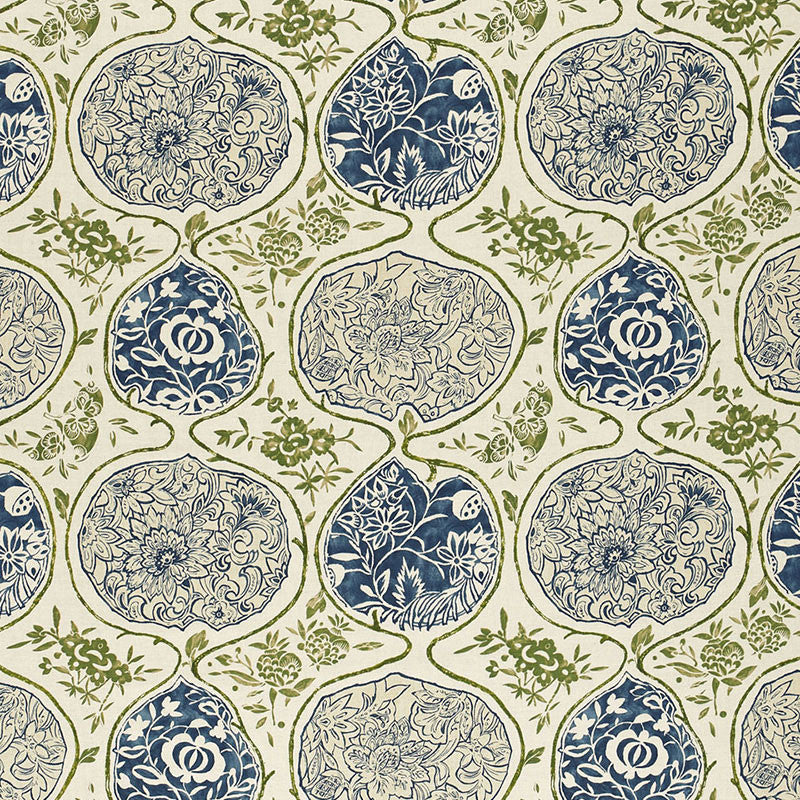 Katsugi Indigo & Green 2620932 by Schumacher Fabric Schumacher Fabric Katsugi Indigo & Green 2620932Fabric LINEN 55% BELGIUM </p><p>Repeat: H: HORZ. 27" (69CM) , V: VERT. 25" (64CM) 54 - Fabric Carolina -