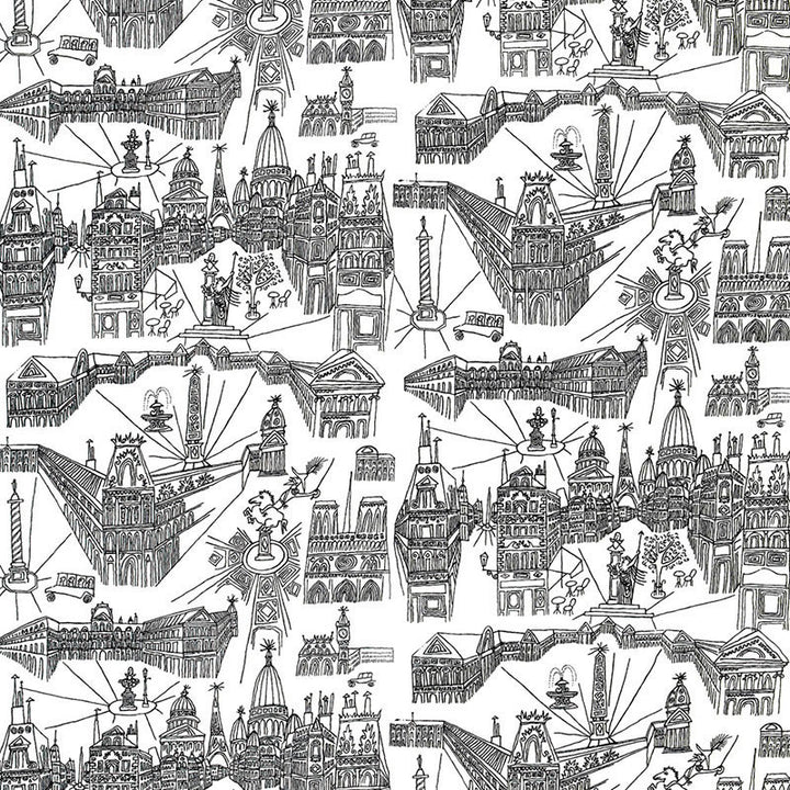 Views Of Paris Black On White 2628830 by Schumacher Designer Fabric - See Sample PAKISTAN TO BE DETERMINED </p><p>Repeat: Horizontal: 54 1/4" (138CM) and Vertical: 36 3/8" (92CM) 54" WIDE (137CM) - Swanky Fabrics -