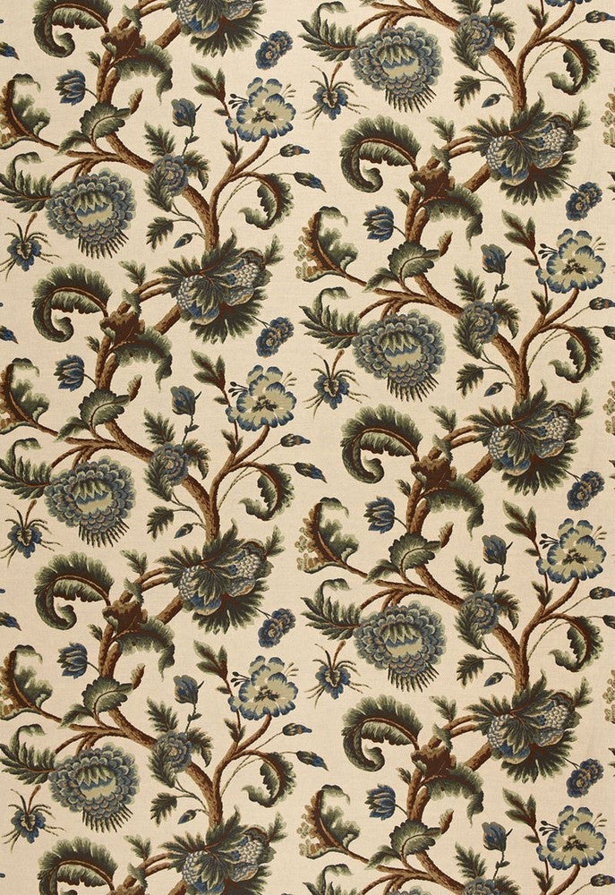 Jacobean Printed Crewel Multi Blues Wood Tones 2639314 by Schumacher Designer Fabric Classic-Prints 54% Linen, 46% Cotton Wyzenbeek 25,000 Horizontal: 28 and Vertical: 25.25 56 - Swanky Fabrics -