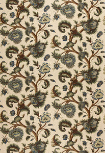 Jacobean Printed Crewel Multi Blues Wood Tones 2639314 by Schumacher Designer Fabric