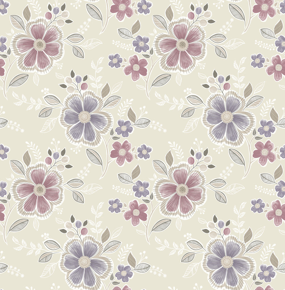 Chloe Purple Floral Wallpaper by Brewster Designer For Your Bath III Covers about 56.4 square feet 20.5-in by 33-ft long roll Unpasted 10.43 - Swanky Fabrics -