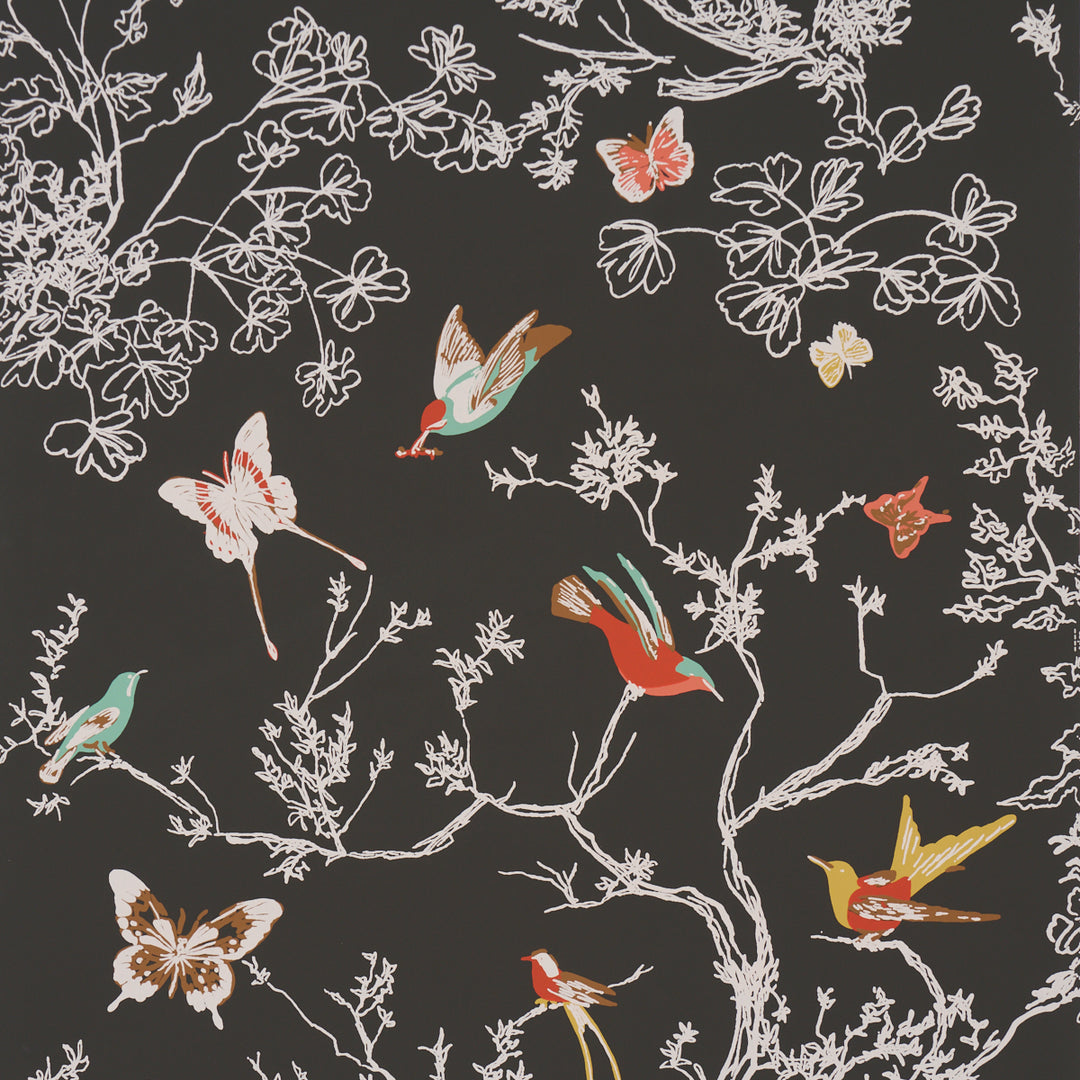 Birds & Butterflies Graphite 2704422 by Schumacher Designer Wallcovering