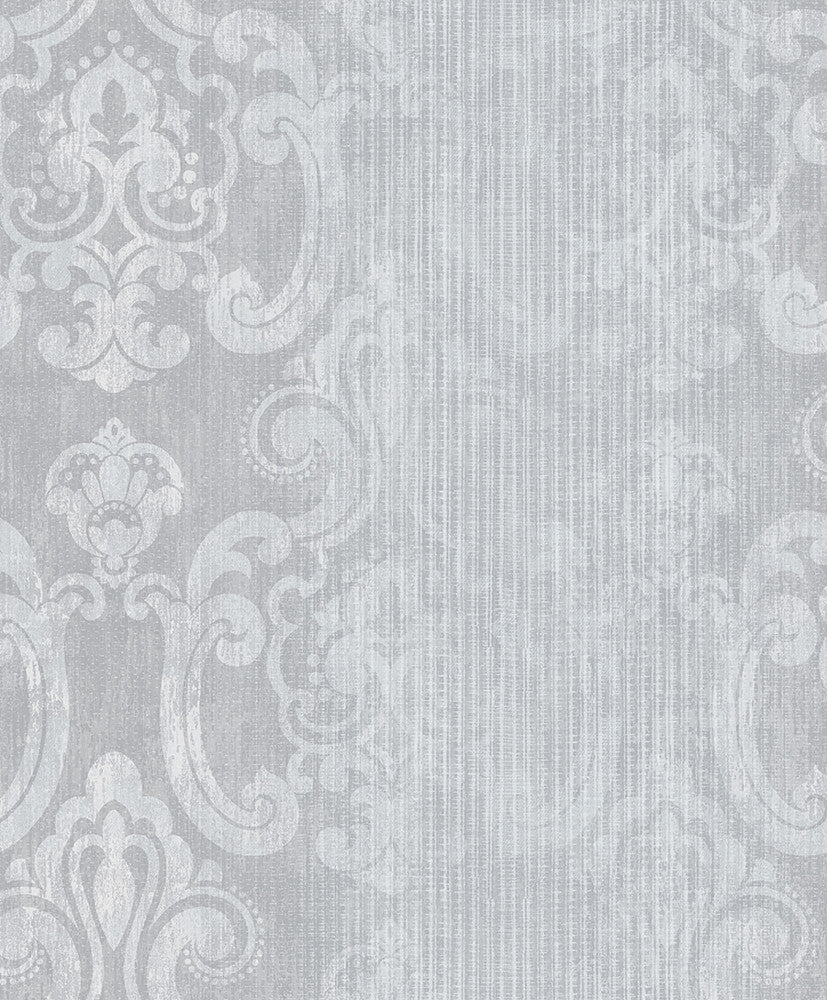 Ariana Silver Striped Damask Wallpaper by Advantage Designer Traditional Covers about 57.8 square feet 21-in by 33-ft long roll Unpasted 25.2 - Swanky Fabrics -