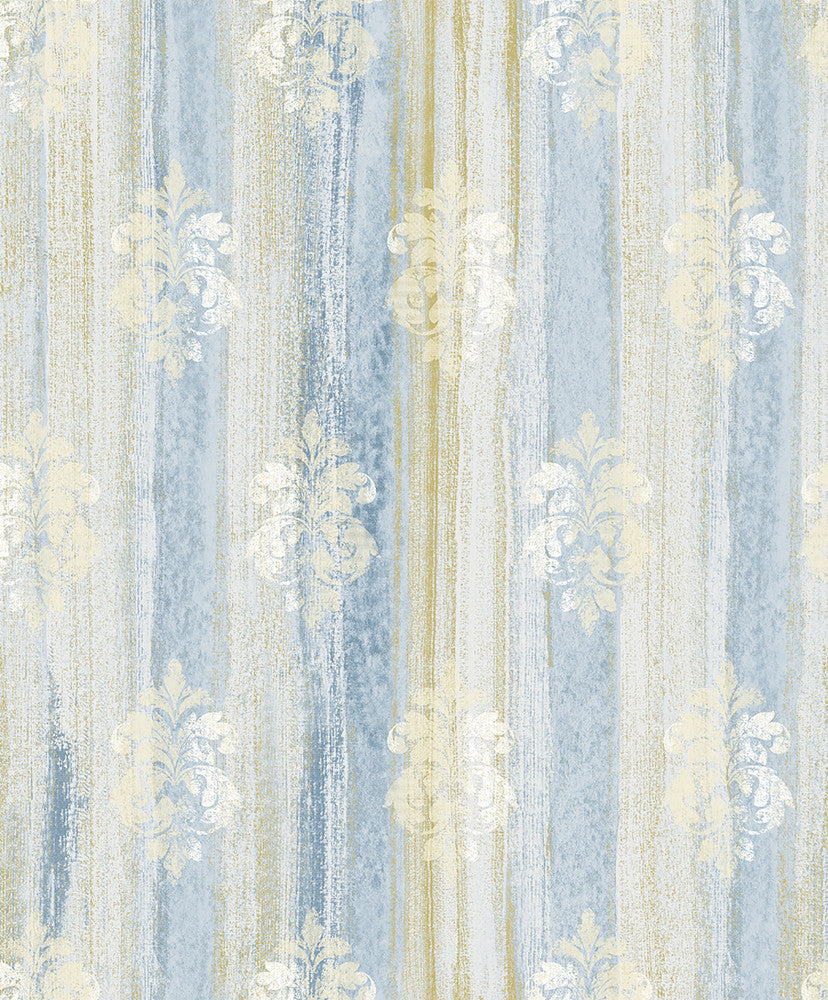 Alison Blue Damask Motif Wallpaper by Advantage Designer Traditional Covers about 57.8 square feet 21-in by 33-ft long roll Unpasted 25 - Swanky Fabrics -