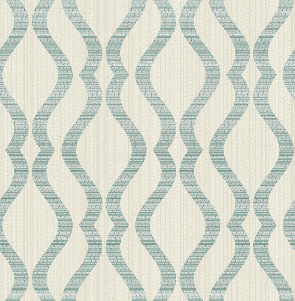 Yves Teal Ogee Wallpaper by Advantage Designer Metallic Covers about 56.4 square feet 20.5-in by 33-ft long roll Unpasted 10.4 - Swanky Fabrics -