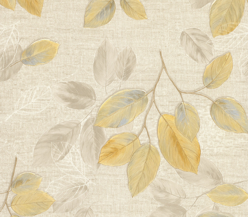Dorado Beige Leaf Toss Wallpaper by Advantage Designer Deluxe Covers about 57.8 square feet 21-in by 33-ft long roll Unpasted 20.1 - Swanky Fabrics -
