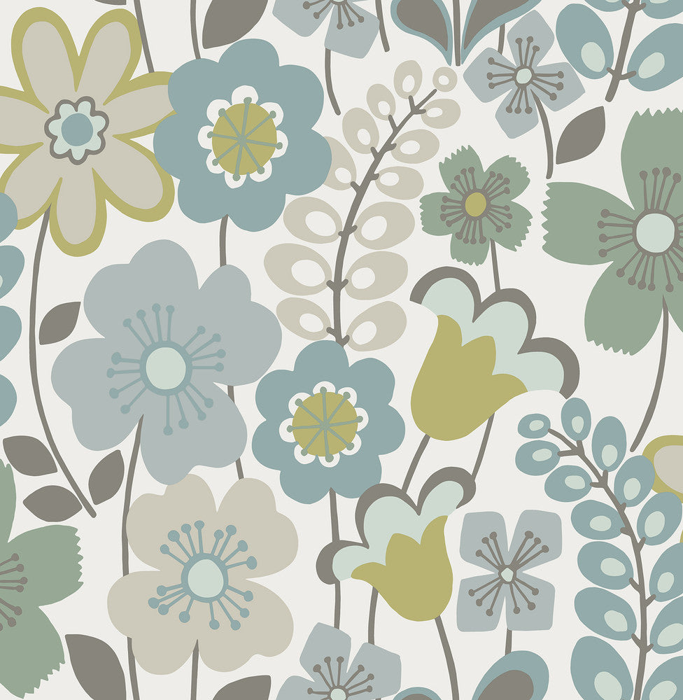 Piper Green Floral Wallpaper by A-Street Prints Designer BlueBell Covers about 56.4 square feet 20.5-in by 33-ft long roll Unpasted 20.9 - Swanky Fabrics -