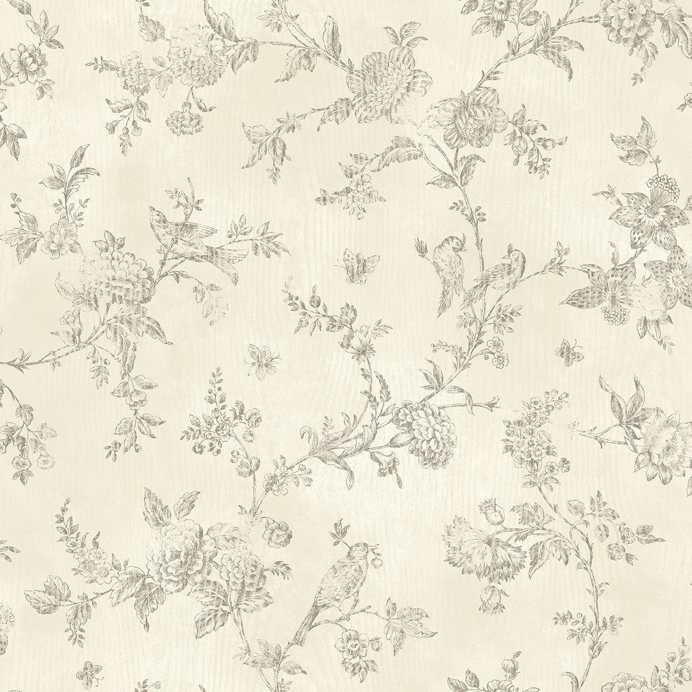 French Nightingale Cream Trail Wallpaper by Brewster Designer Fresh Start Kitchen & Bath Covers about 56.4 square feet 20.5-in by 33-ft long roll Prepasted 20.5 - Swanky Fabrics -