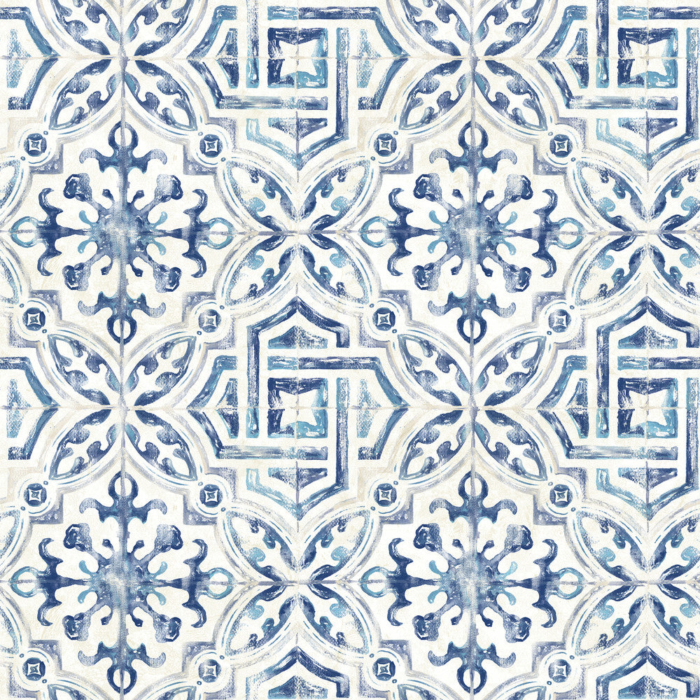 Sonoma Navy Spanish Tile Wallpaper by Brewster Designer Fresh Start Kitchen & Bath Covers about 56.4 square feet 20.5-in by 33-ft long roll Prepasted 20.5 - Swanky Fabrics -