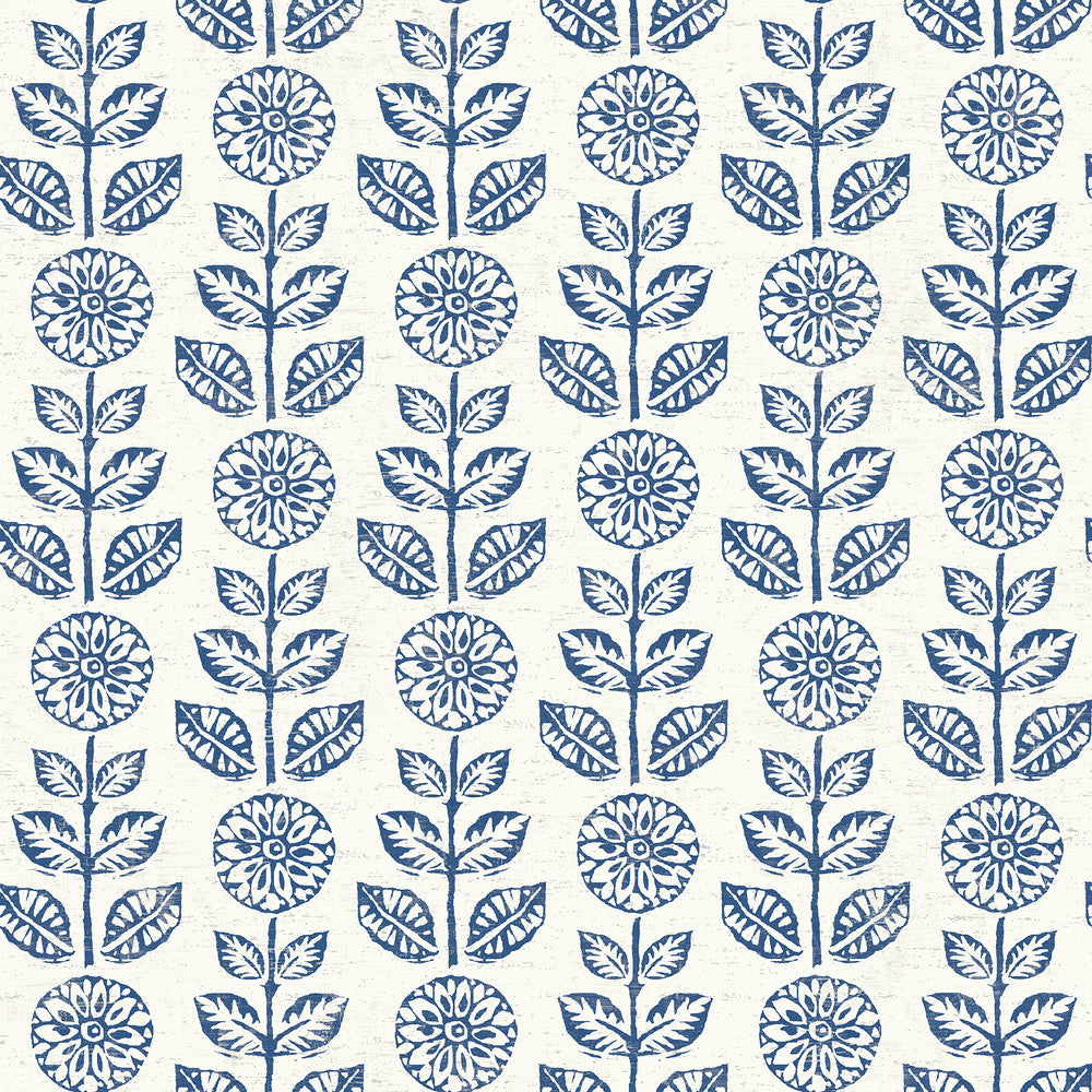 Dolly Navy Folk Floral Wallpaper by Brewster Designer Fresh Start Kitchen & Bath Covers about 56.4 square feet 20.5-in by 33-ft long roll Prepasted 20.5 - Swanky Fabrics -