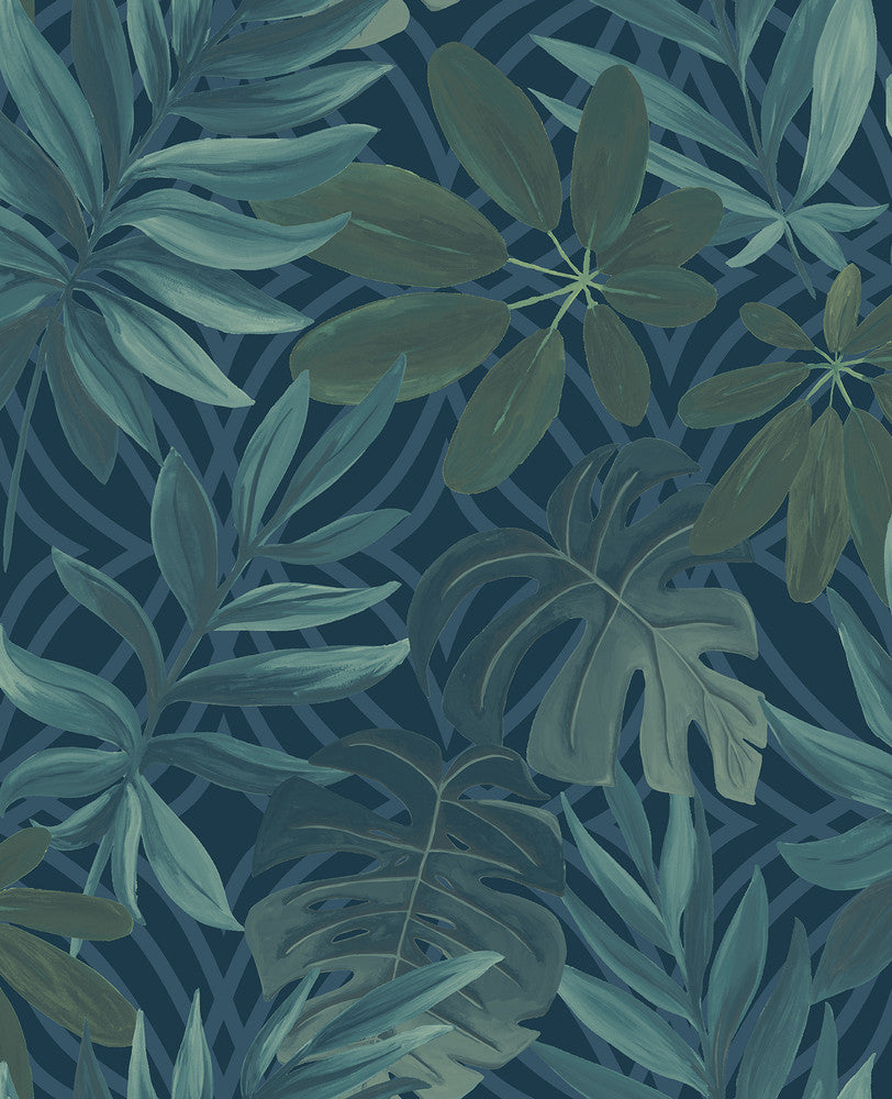 Nocturnum Dark Blue Leaves Wallpaper by Brewster Designer Fresh Start Kitchen & Bath Covers about 56.4 square feet 20.5-in by 33-ft long roll Unpasted 12.6 - Swanky Fabrics -