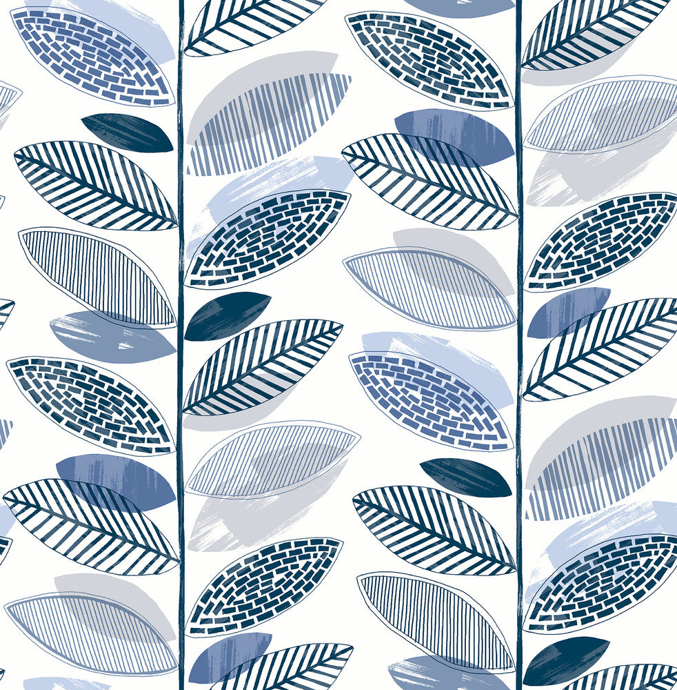 Nyssa Blue Leaves Wallpaper by Brewster Designer Fresh Start Kitchen & Bath Covers about 56.4 square feet 20.5-in by 33-ft long roll Unpasted 20.9 - Swanky Fabrics -
